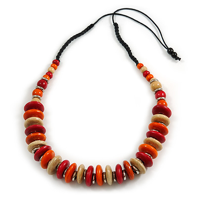 Orange/ Red/ Natural Wood Button/ Round Bead Black Cotton Cord Necklace - 80cm Max Lenght - Adjustable - main view