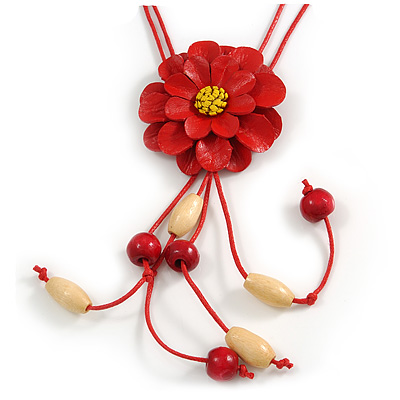 Red Leather Daisy Pendant with Long Cotton Cord - 80cm L/ 18cm L Pendant - Adjustable