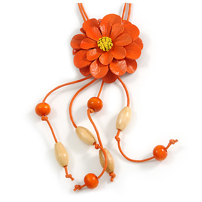 Orange Leather Daisy Pendant with Long Cotton Cord - 80cm L/ 18cm L Pendant - Adjustable