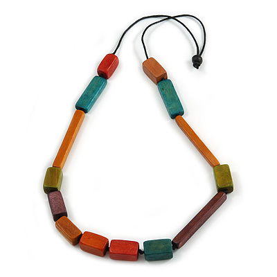 Multicoloured Geometric Wooden Bead Necklace with Black Cotton Cord - 84cm Long Adjustable - main view