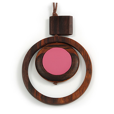 Brown/ Pink Double Circle Wooden Pendant Brown Cotton Cord Long Necklace - 80cm L/ 10cm Pendant - Adjustable - main view