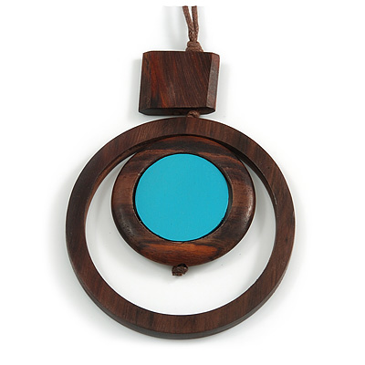 Brown/ Turquoise Blue Double Circle Wooden Pendant Brown Cotton Cord Long Necklace - 80cm L/ 10cm Pendant - Adjustable - main view