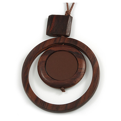 Brown Double Circle Wooden Pendant Cotton Cord Long Necklace - 80cm L/ 10cm Pendant - Adjustable - main view