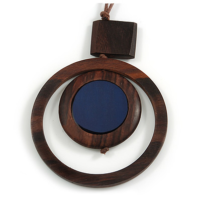 Brown/ Dark Blue Double Circle Wooden Pendant Brown Cotton Cord Long Necklace - 80cm L/ 10cm Pendant - Adjustable - main view