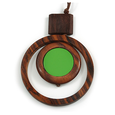 Brown/ Grass Green Double Circle Wooden Pendant Brown Cotton Cord Long Necklace - 80cm L/ 10cm Pendant - Adjustable - main view