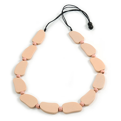 Pastel Pink Geometric Wood Bead Black Cotton Cord Long Necklace - 76cm L/ Adjustable - main view