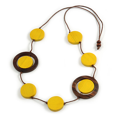 Yellow/ Brown Coin Wood Bead Cotton Cord Necklace - 88cm Long - Adjustable - main view