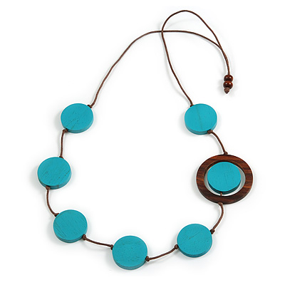 Turquoise Blue/ Brown Coin Wood Bead Cotton Cord Necklace - 80cm Long - Adjustable - main view