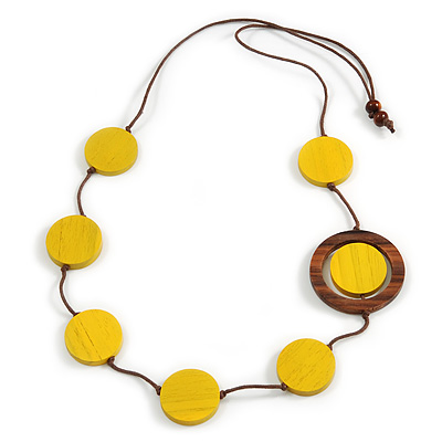 Yellow/ Brown Coin Wood Bead Cotton Cord Necklace - 80cm Long - Adjustable