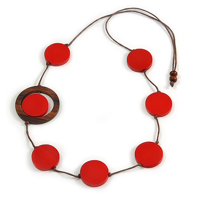 Red/ Brown Coin Wood Bead Cotton Cord Necklace - 80cm Long - Adjustable - main view