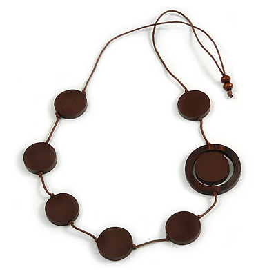 Brown Coin Wood Bead Cotton Cord Necklace - 80cm Long - Adjustable - main view
