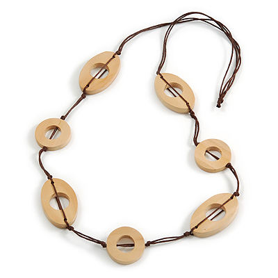 Long Geometric Wooden Bead Cotton Cord Necklace in Natural - 80cm Long - main view