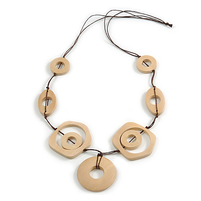 Long Geometric Wooden Bead Cotton Cord Necklace in Natural - 80cm Long - main view