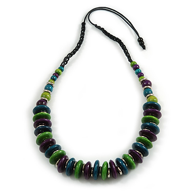Lime Green/ Teal/ Purple Wood Button/ Round Bead Black Cotton Cord Necklace - 80cm Max Lenght - Adjustable - main view