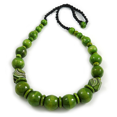 Chunky Lime Green Wood Bead with Black Cotton Cord Necklace - 64cm L - main view