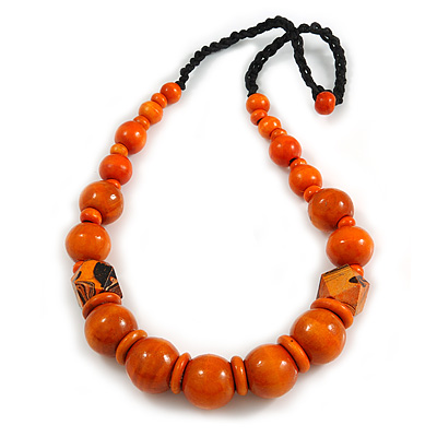 Chunky Orange Wood Bead with Black Cotton Cord Necklace - 64cm L - main view