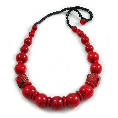 Chunky Red Wood Bead with Black Cotton Cord Necklace - 64cm L - main view