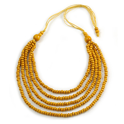 Yellow Multistrand Layered Wood Bead with Cotton Cord Necklace - 90cm Max length- Adjustable - main view