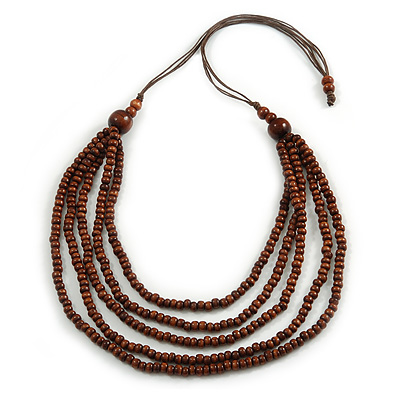 Brown Multistrand Layered Wood Bead with Cotton Cord Necklace - 90cm Max length- Adjustable - main view