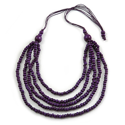 Purple Multistrand Layered Wood Bead with Cotton Cord Necklace - 90cm Max length- Adjustable