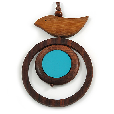 Brown/ Light Blue Bird and Circle Wooden Pendant Cotton Cord Long Necklace - 84cm L/ 10cm Pendant - main view