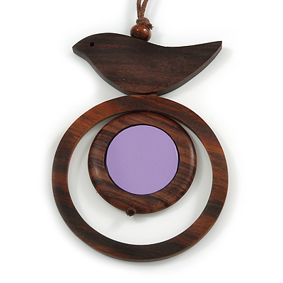 Brown/ Lilac Bird and Circle Wooden Pendant Cotton Cord Long Necklace - 84cm L/ 10cm Pendant - main view