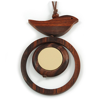 Brown/ Cream Bird and Circle Wooden Pendant Cotton Cord Long Necklace - 84cm L/ 10cm Pendant - main view