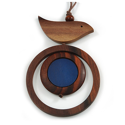 Brown/ Dark Blue Bird and Circle Wooden Pendant Cotton Cord Long Necklace - 84cm L/ 10cm Pendant