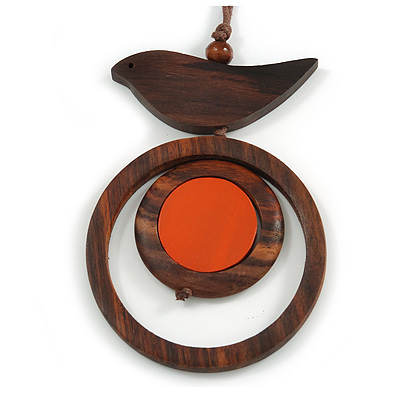 Brown/ Orange Bird and Circle Wooden Pendant Cotton Cord Long Necklace - 84cm L/ 10cm Pendant