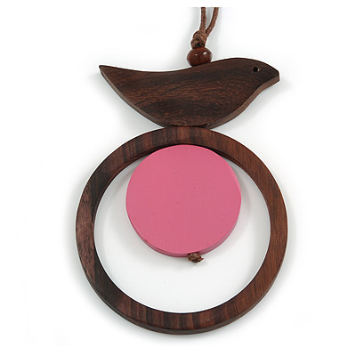 Brown/ Pink Bird and Circle Wooden Pendant Cotton Cord Long Necklace - 84cm L/ 10cm Pendant - main view
