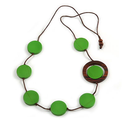 Green/ Brown Coin Wood Bead Cotton Cord Necklace - 80cm Long - Adjustable - main view