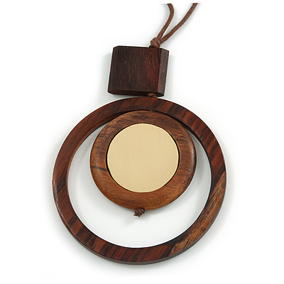 Brown/ Cream Double Circle Wooden Pendant Brown Cotton Cord Long Necklace - 80cm L/ 10cm Pendant - Adjustable - main view