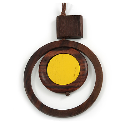 Brown/ Yellow Double Circle Wooden Pendant Brown Cotton Cord Long Necklace - 80cm L/ 10cm Pendant - Adjustable - main view