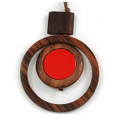 Brown/ Red Double Circle Wooden Pendant Brown Cotton Cord Long Necklace - 80cm L/ 10cm Pendant - Adjustable - main view
