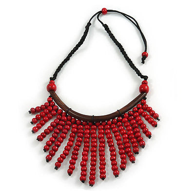 Statement Red Wooden Bead Fringe Black Cotton Cord Necklace - Adjustable - main view