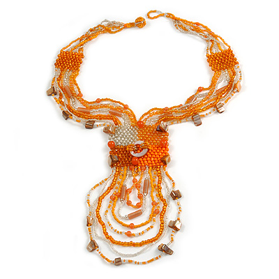 Orange/ Transparent Glass Bead, Sea Shell Component Tassel Necklace with Button and Loop Closure - 44cm L (Necklace)/ 17cm L (Tassel) - main view
