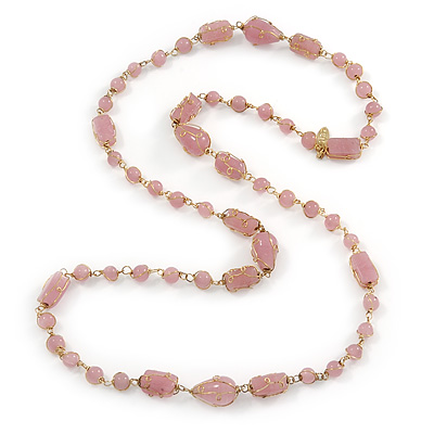 Pink Glass, Ceramic Bead With Gold Tone Wire Long Necklace - 88cm L