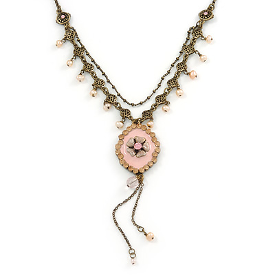 Vintage Inspired Pink enamel Floral Pendant with Bronze Tone Chain Necklace - 40cm L/ 8cm Ext - main view