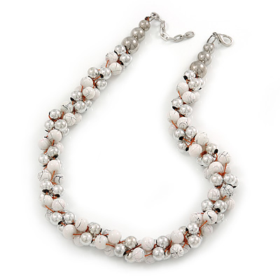 White & Silver Tone Acrylic Bead Cluster Choker Necklace - 38cm L/ 5cm Ex - main view