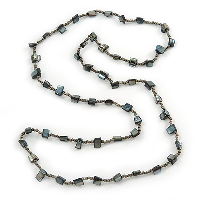 Long Slate Black Shell Nugget, Grey Glass Bead Single Strand Necklace - 100cm L - main view