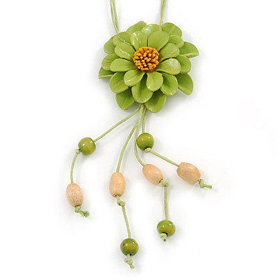Salad Green Leather Daisy Pendant with Long Cotton Cord - 80cm L - Adjustable - main view