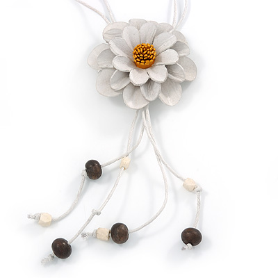 Off White Leather Daisy Pendant with Long Cotton Cord - 80cm L - Adjustable - main view