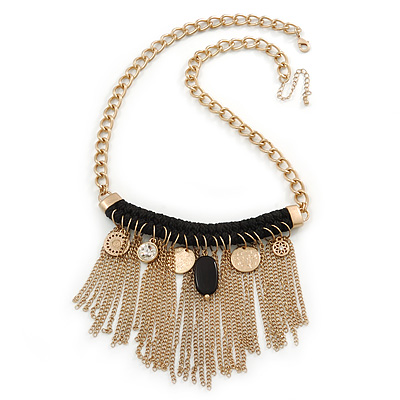 Statement Gold Tone with Black Cotton Cord Fringe Necklace - 63cm L/ 7cm Ext/ 11cm Pendant