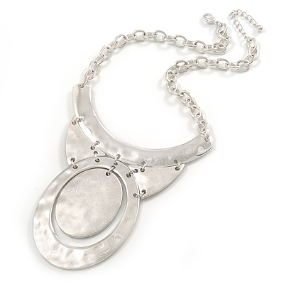 Polished/ Matt Silver Tone Structural Hammered Necklace - 38cm L/ 5cm Ext/ 10cm Pendant - main view