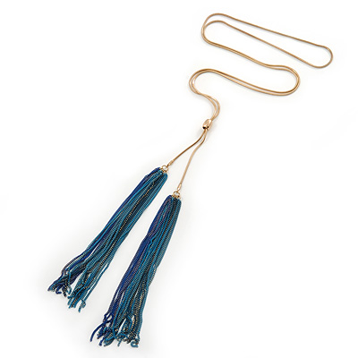 Long Blue Chain Tassel Necklace In Gold Tone Metal - 74cm L/ 19cm L (Tassel) - main view