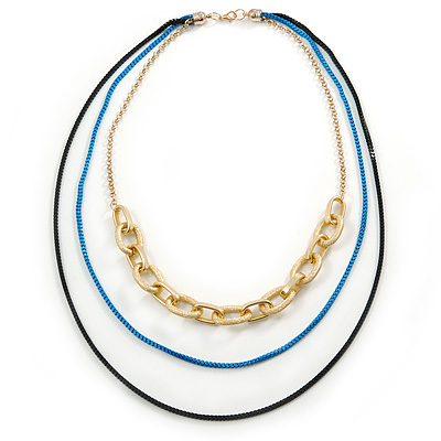 3 Strand, Layered Oval Link, Box Style Chain Necklace In Black/ Light Blue/ Gold Tone - 86cm L - main view