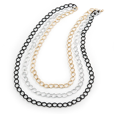 3 Strand, Layered Textured Oval Link Necklace (Black/ Light Silver/ Gold Tone) - 86cm L - main view