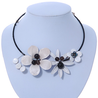 Off White Leather, Shell Bead Floral Wire Choker Necklace with Black Cotton Cord - Adjustable - main view