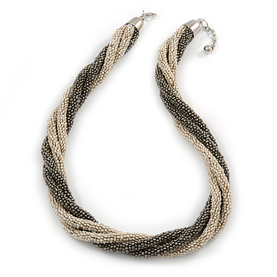 Chunky Antique White/ Metallic Grey Glass Bead Twisted Necklace in Silver Tone - 58cm L/ 4cm Ext - main view