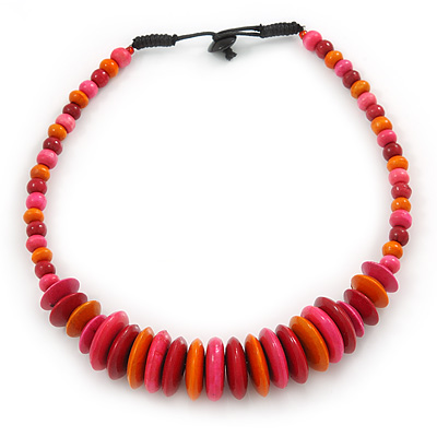 Orange/ Pink/ Red Button, Round Wood Bead Wire Choker Necklace - 42cm L - main view